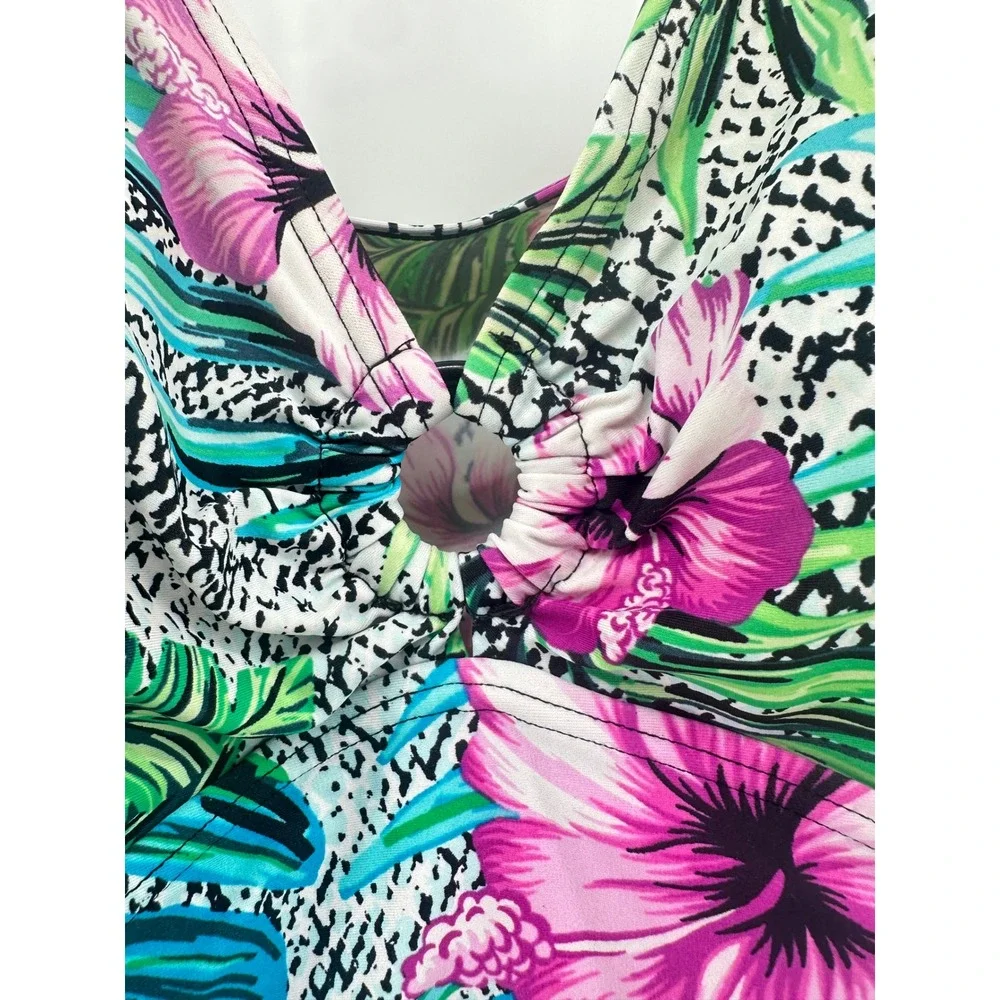 St Johns Bay Womens Floral Tropical Animal Print Tankini Swim Top Pink Green 16